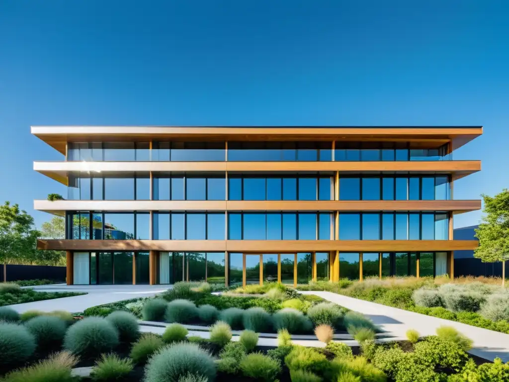 Edificio moderno con materiales sostenibles, eficiencia energética y jardín verde bajo cielos azules