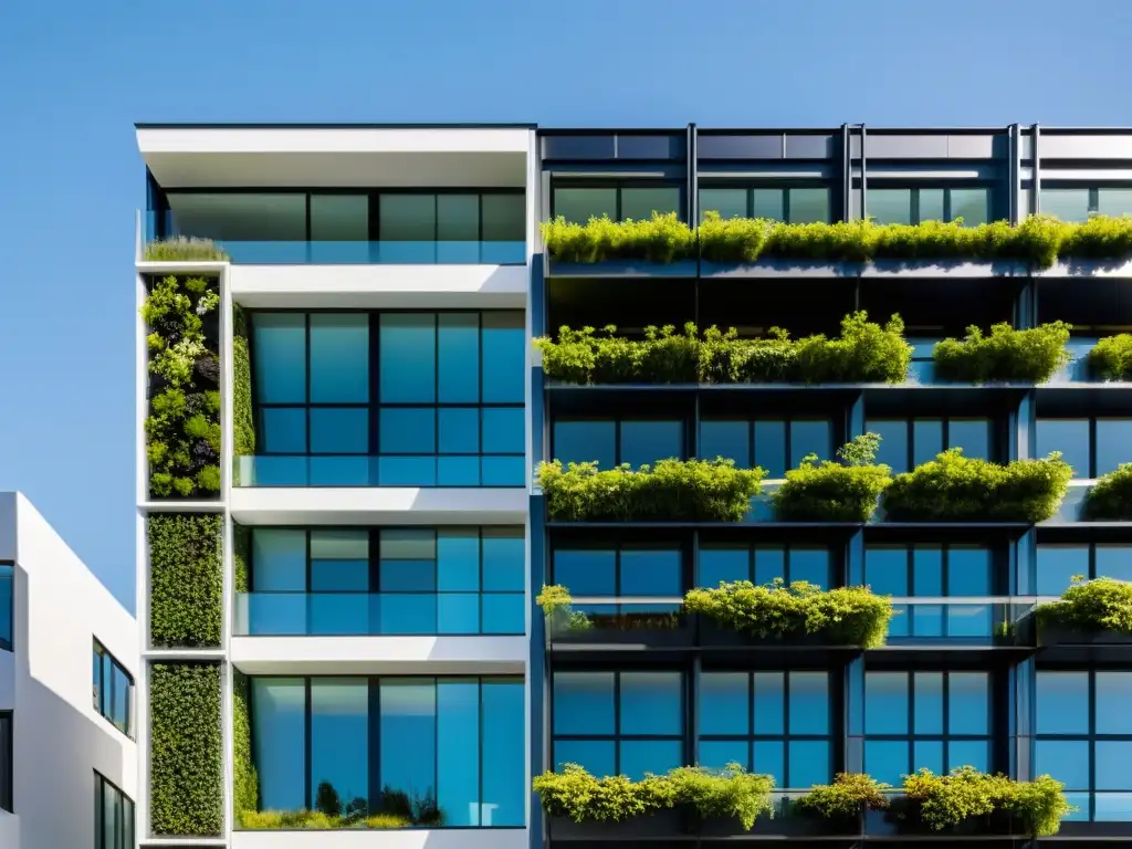 Edificio moderno con mejoras eficiencia energética, solar, jardines verticales y alta eficiencia