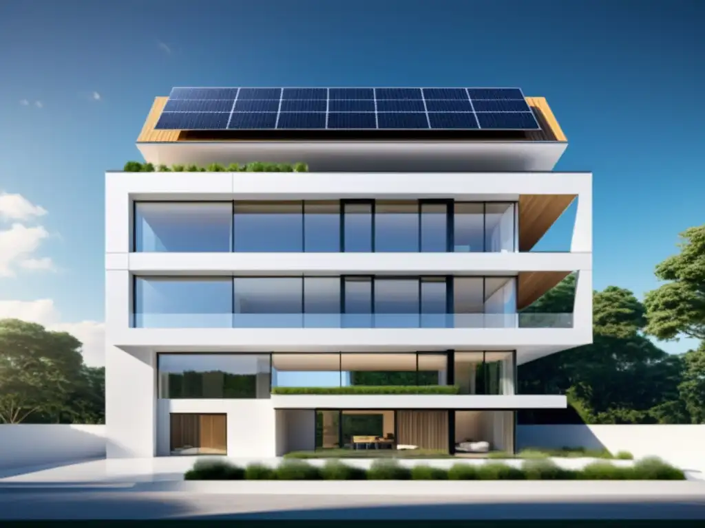 Edificio moderno con paneles solares integrados y almacenamiento de energía en construcción sostenible