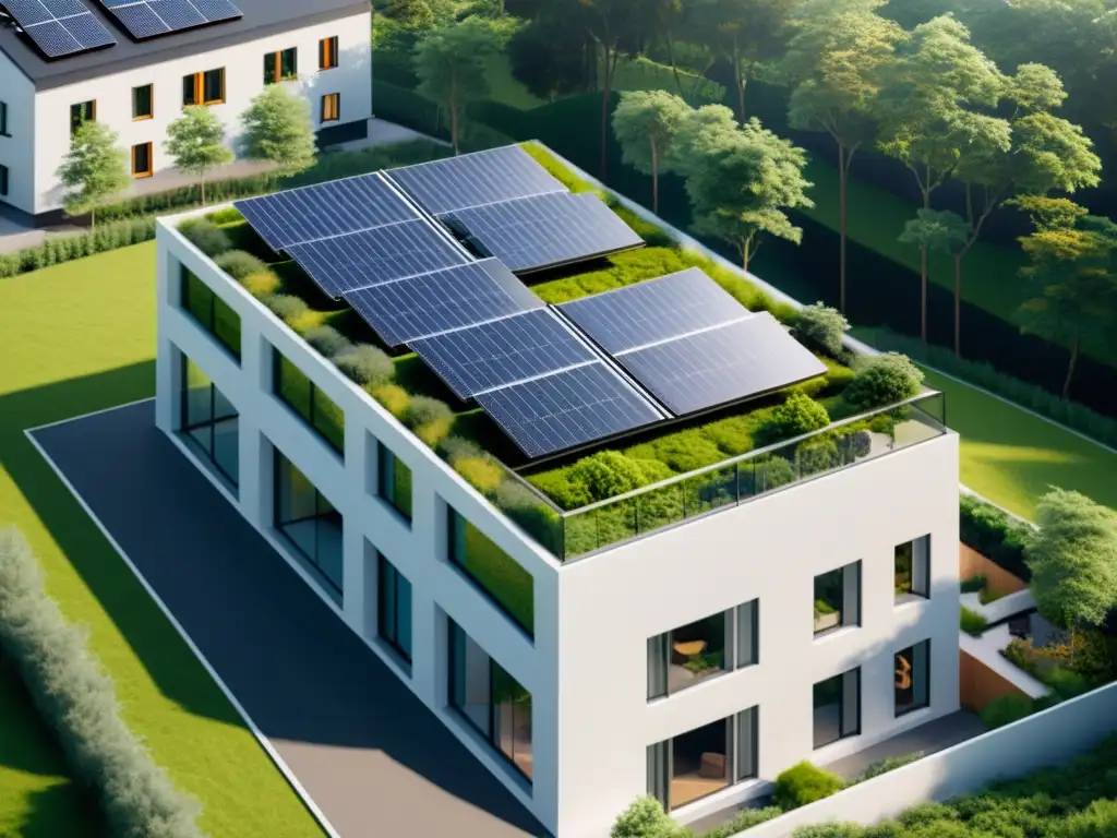 Edificio moderno con paneles solares y diseño ecoamigable que destaca materiales sostenibles, eficiencia energética y arquitectura innovadora