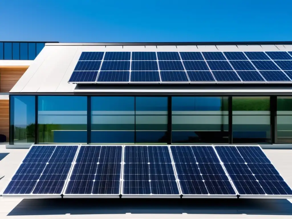 Edificio moderno con paneles solares integrados en el techo, reflejando diseño sostenible