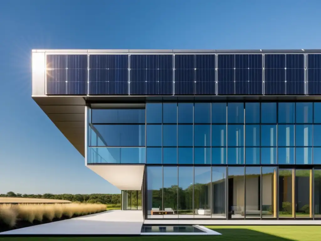 Edificio moderno con paneles solares integrados, armonizando tecnología sostenible y arquitectura contemporánea