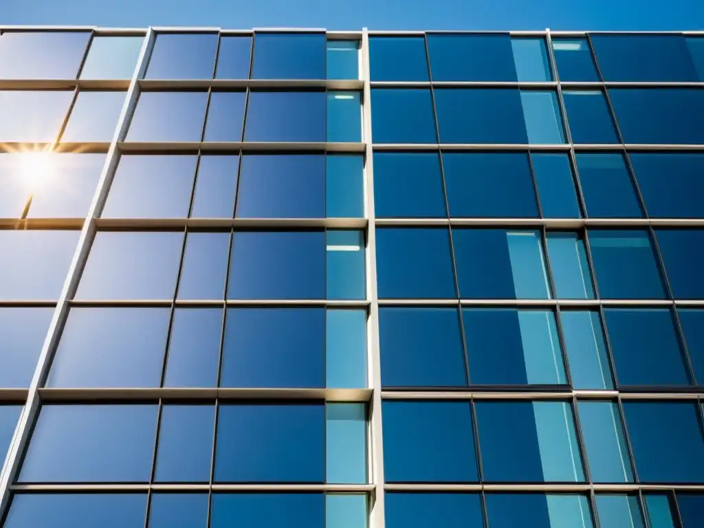 Edificio moderno con paneles solares integrados en fachada, reflejando la luz solar y creando diseño sostenible