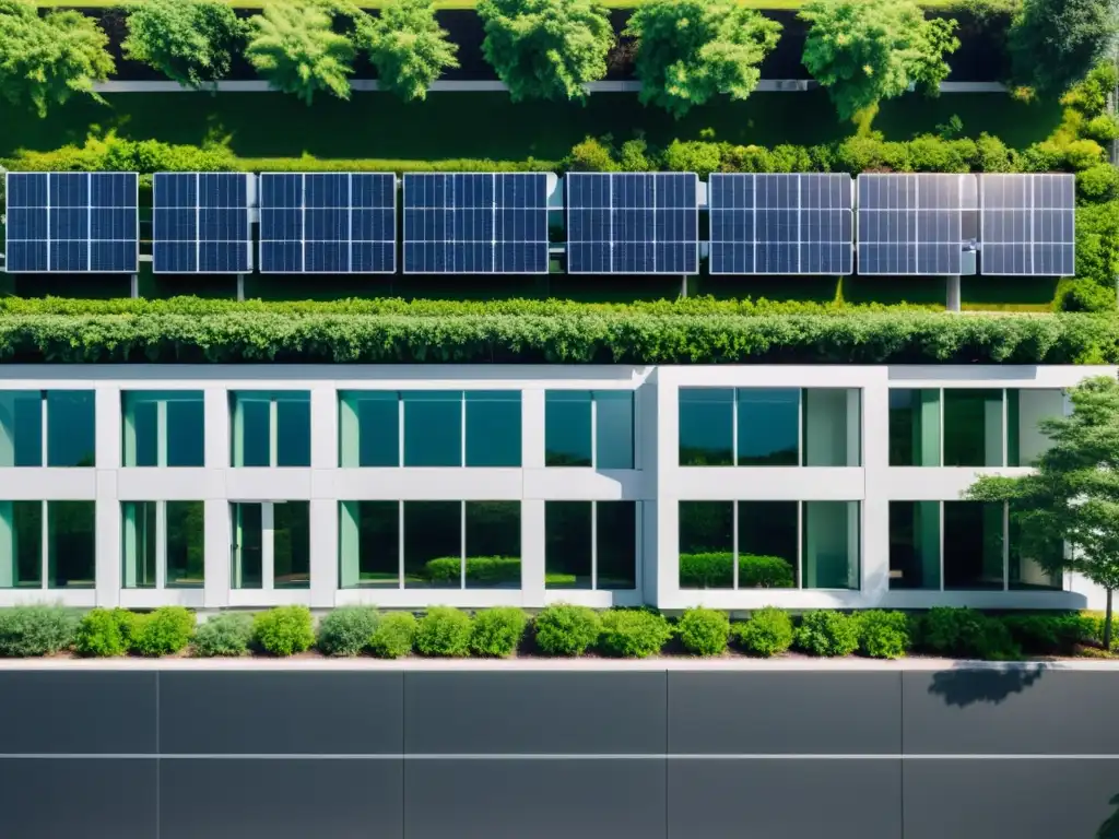 Edificio moderno con paneles solares, rodeado de vegetación