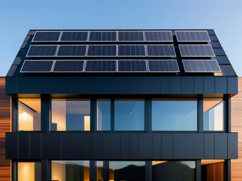 Edificio moderno con paneles solares integrados en su fachada, destacando la integración de energías renovables en arquitectura sostenible