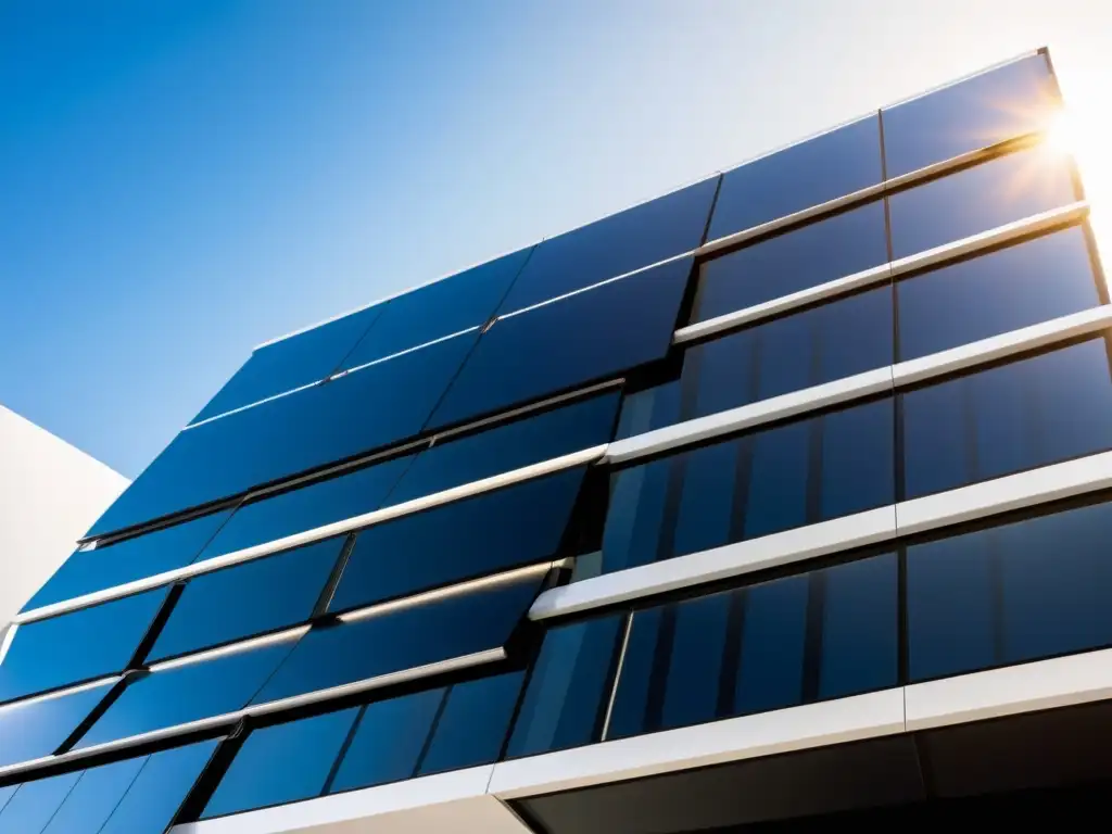 Edificio moderno con paneles solares integrados en su fachada, destacando su integración de energías renovables en arquitectura