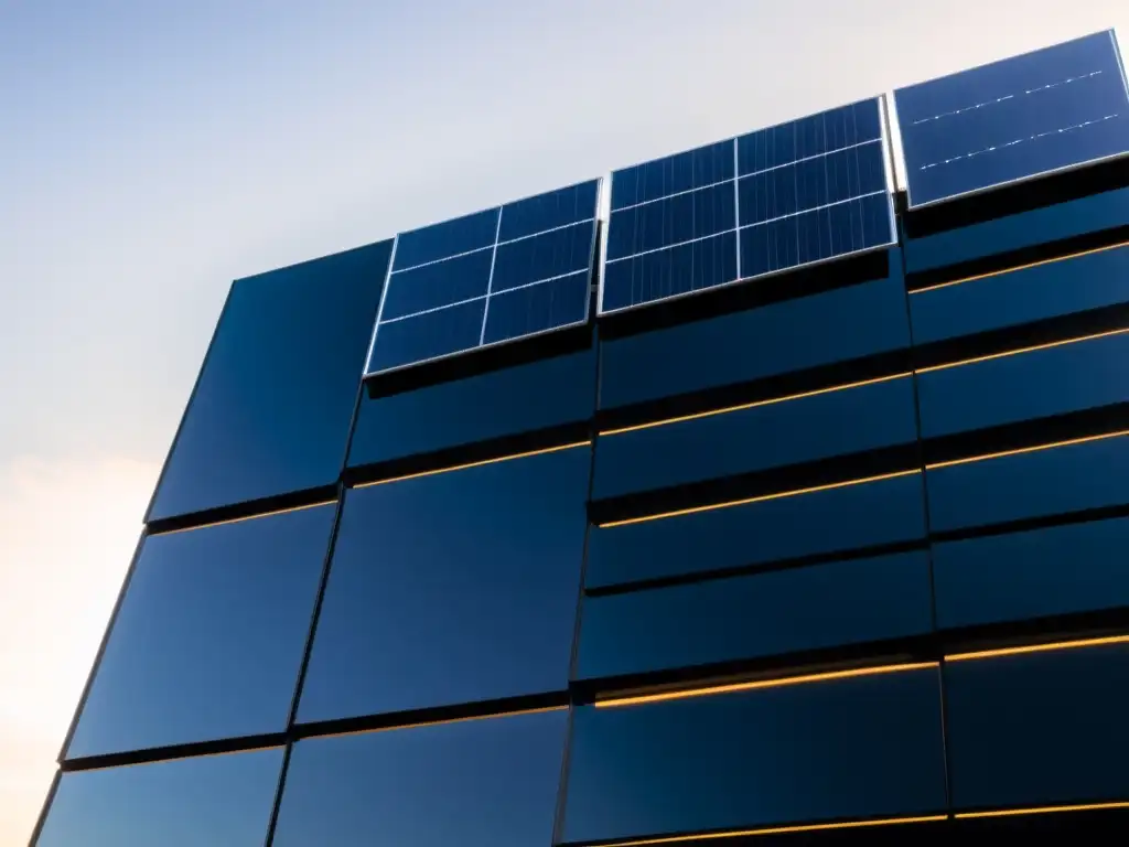 Edificio moderno con paneles solares integrados en su diseño, reflejando innovación y sostenibilidad