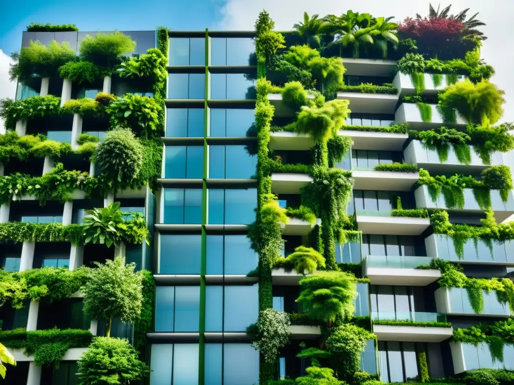 Edificio moderno con piel vegetal sostenible y exuberante vegetación, fusionando arquitectura y naturaleza de forma impresionante