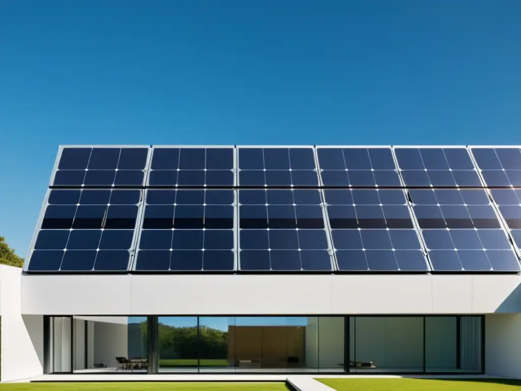 Edificio moderno con sistemas solares integrados, ventanales grandes y líneas limpias, simbolizando la integración en edificios inteligentes