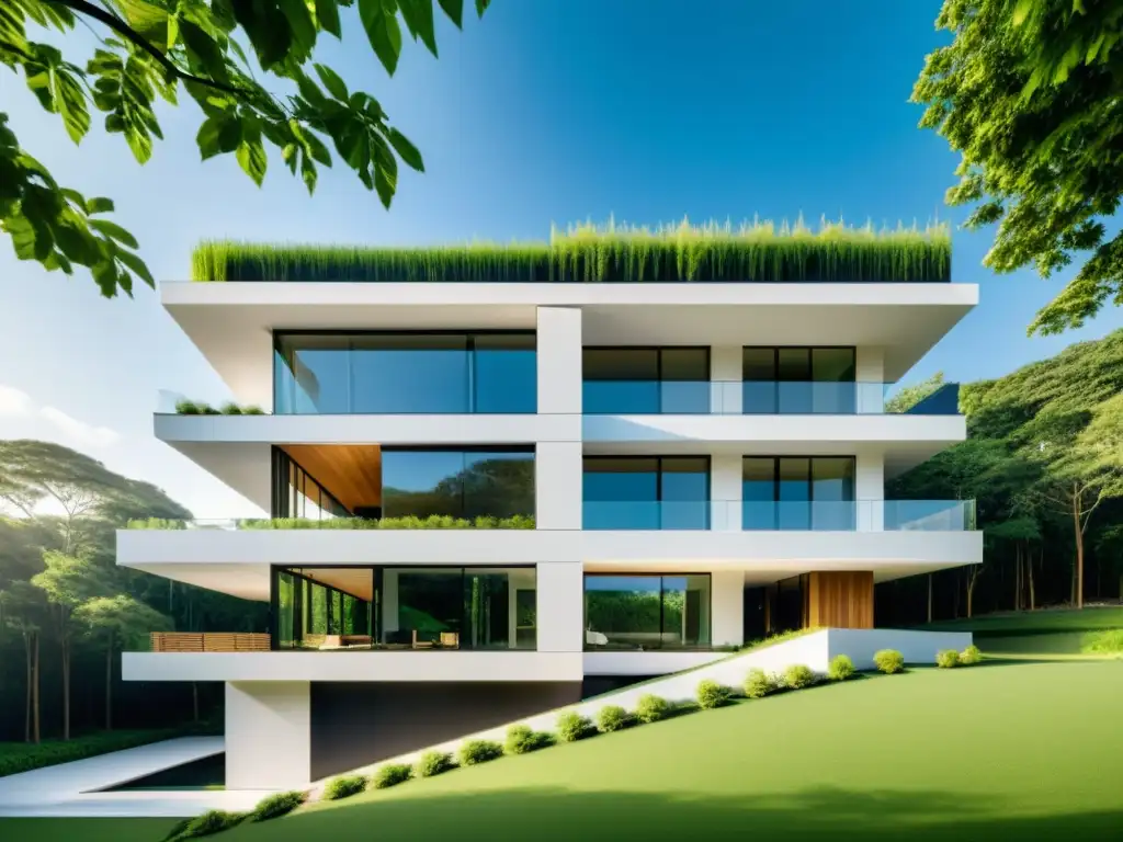 Edificio moderno y sostenible con construcción en seco, integrando naturaleza y diseño minimalista