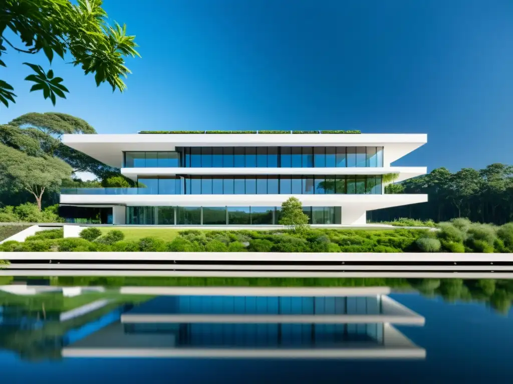 Edificio moderno sostenible rodeado de vegetación con paneles solares integrados, reflejando el cielo azul