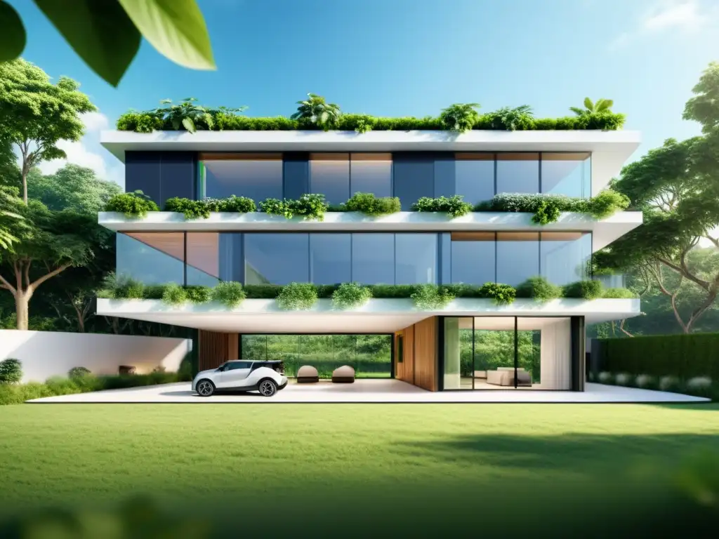 Edificio moderno con tecnología inteligente y eficiencia energética, rodeado de vegetación y paneles solares en el techo