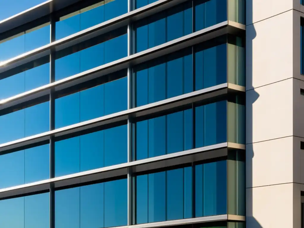 Edificio moderno con ventanas fotovoltaicas para edificios sostenibles reflejando la ciudad y capturando la luz solar