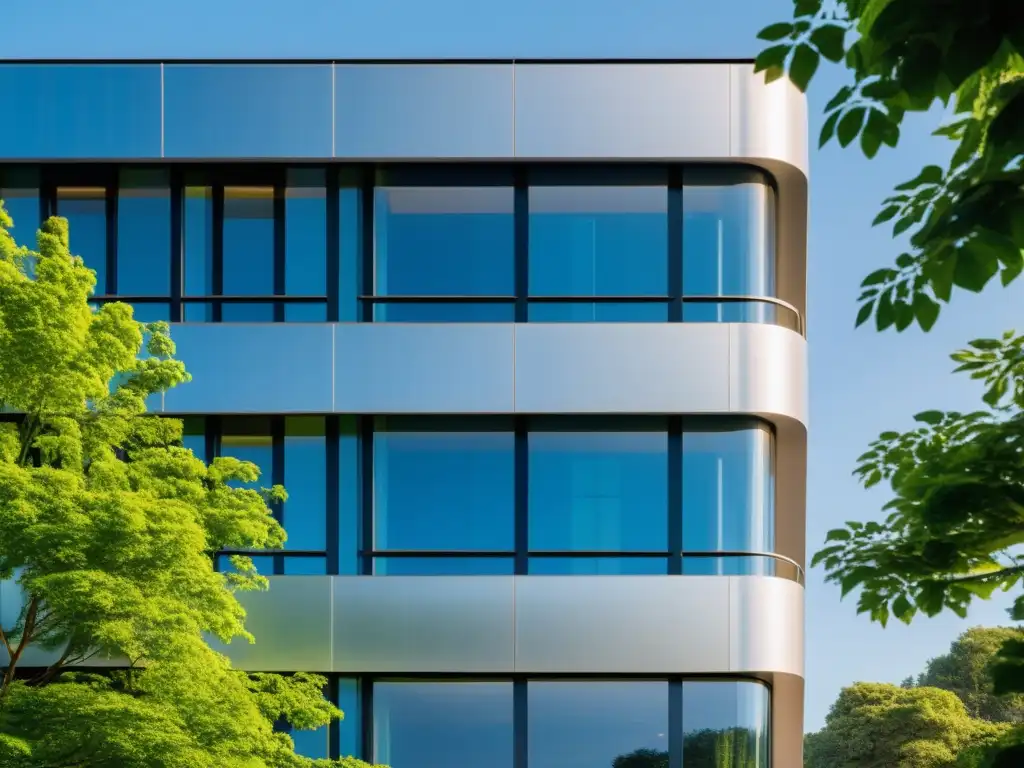 Edificio moderno con ventanas fotovoltaicas para edificios sostenibles, rodeado de naturaleza y con diseño contemporáneo