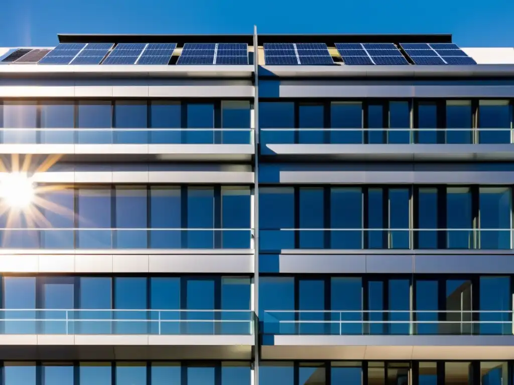 Un edificio moderno con ventanas fotovoltaicas para edificios sostenibles, reflejando la luz solar en su fachada contemporánea