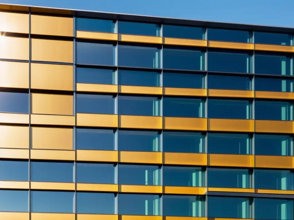 Edificio moderno con ventanas fotovoltaicas integradas, reflejando la ciudad