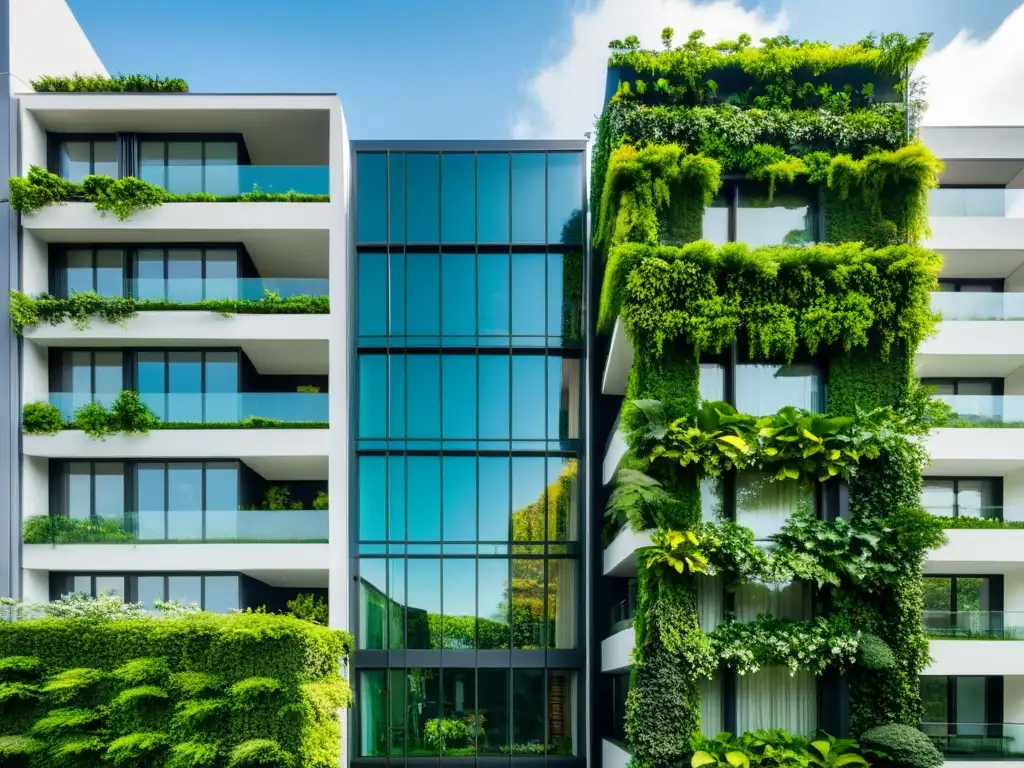 Edificio moderno con jardín vertical sostenible, integrando naturaleza y arquitectura urbana