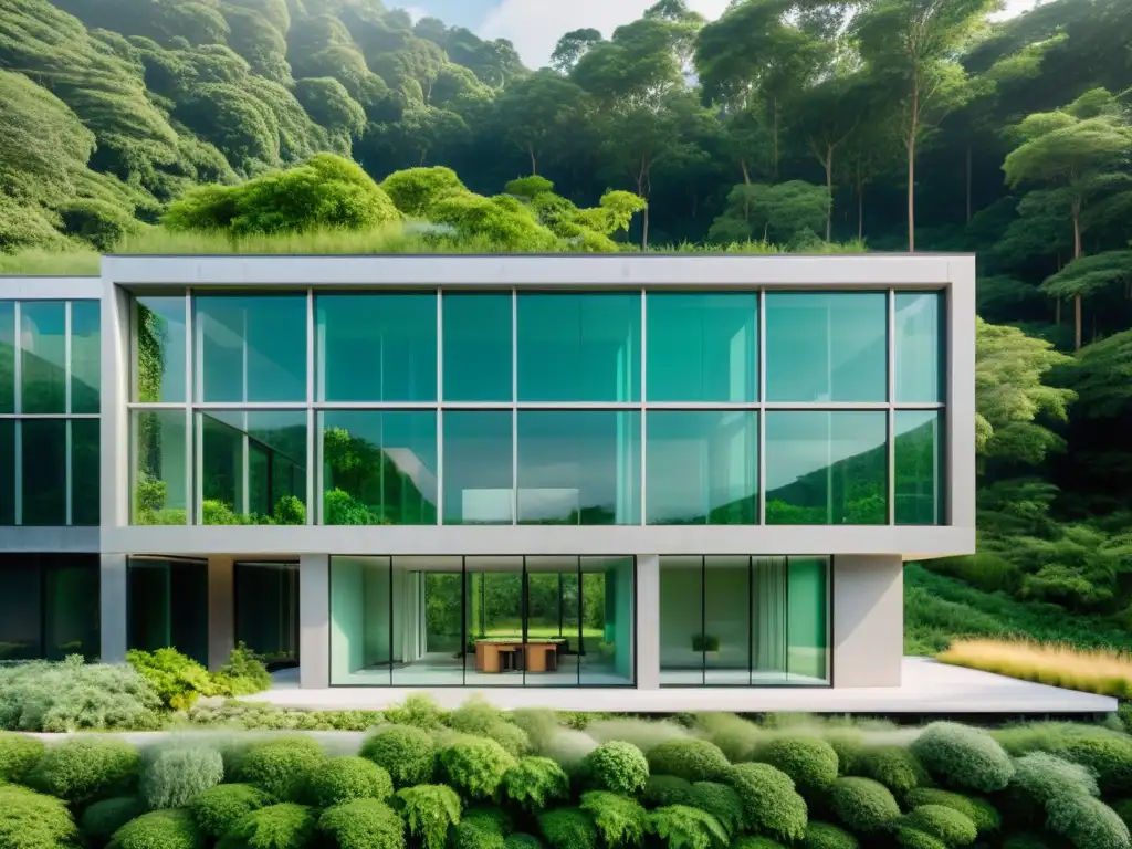 Edificio moderno de vidrio reciclado rodeado de exuberante vegetación, reflejando armonía entre arquitectura y naturaleza