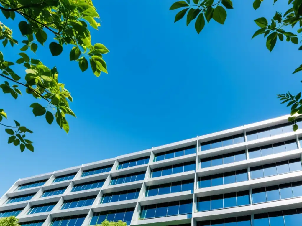 Edificio de oficinas moderno y eficiente rodeado de vegetación exuberante, representando la rentabilidad de la inversión en eficiencia energética