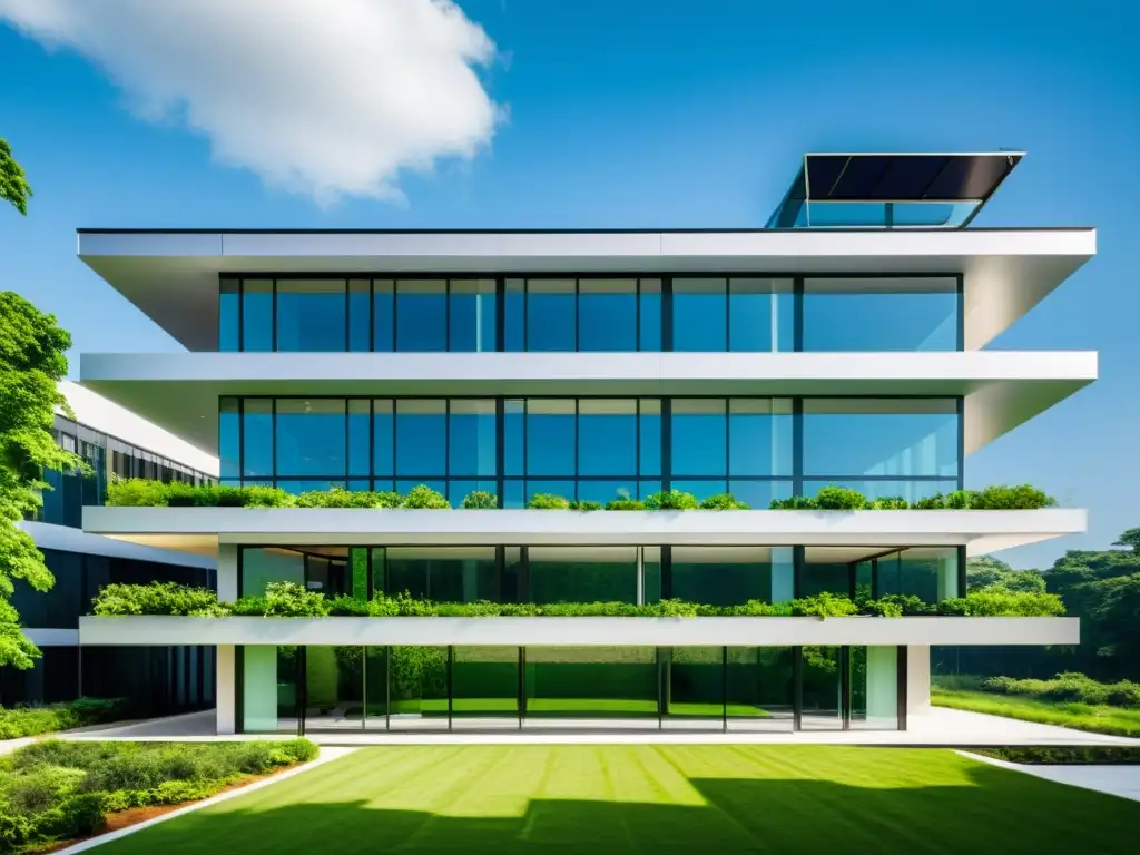 Edificio de oficinas moderno y sustentable con paneles solares y jardines en la azotea