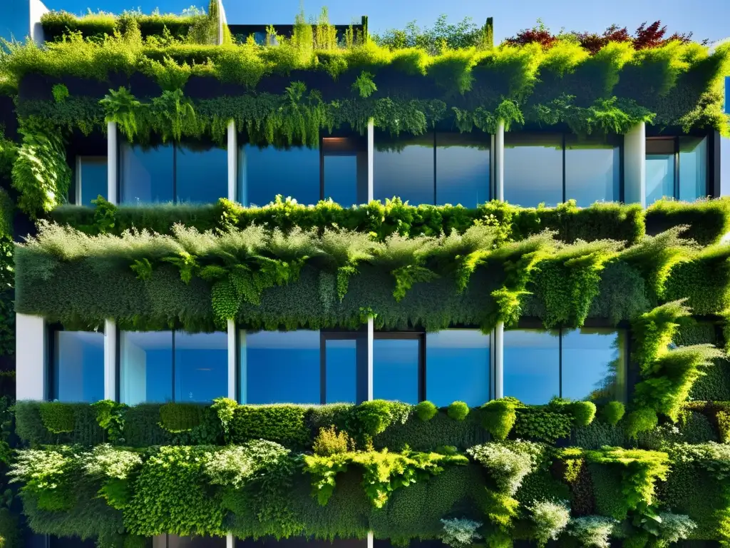 Edificio con piel vegetal sostenible: impresionante arquitectura moderna con jardín vertical integrado en fachada, resaltando su diseño ecoamigable