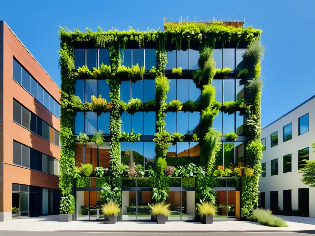 Edificio renovado con diseño moderno y características sostenibles, incluyendo muro verde y paneles solares