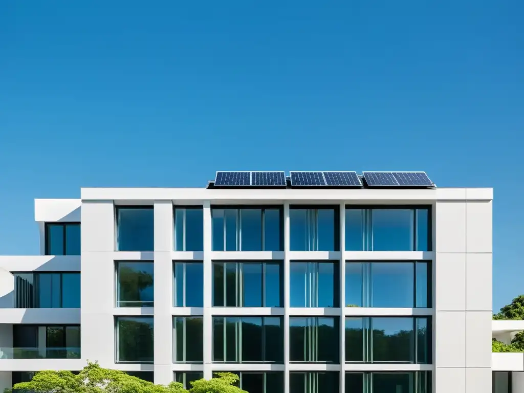 Edificio residencial con energía renovable, rodeado de paneles solares y vegetación