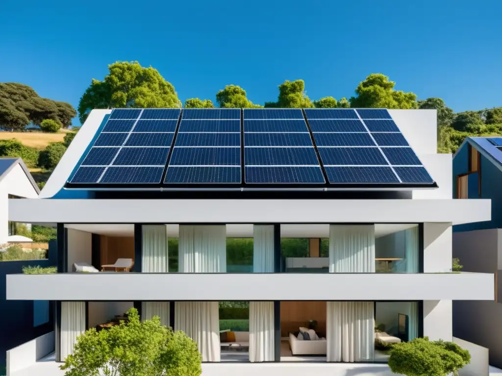 Edificio residencial moderno con integración de energía solar, diseño elegante y sostenible en armonía con la naturaleza