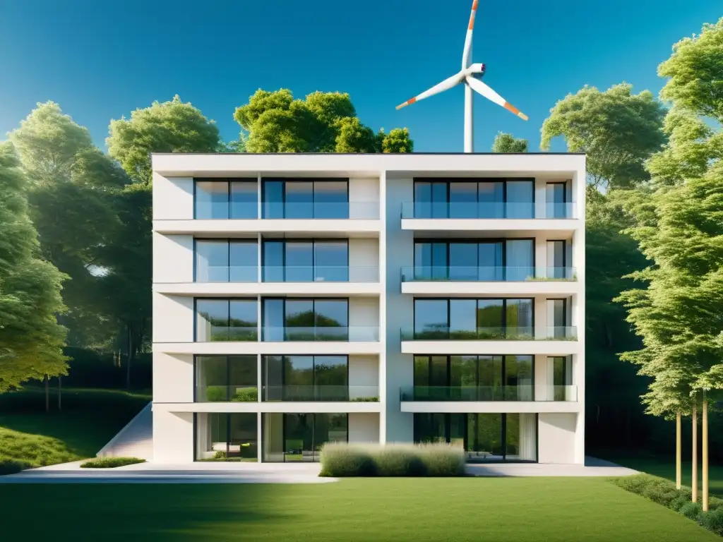 Edificio residencial moderno con integración elegante de energía eólica en comunidades y diseño sostenible