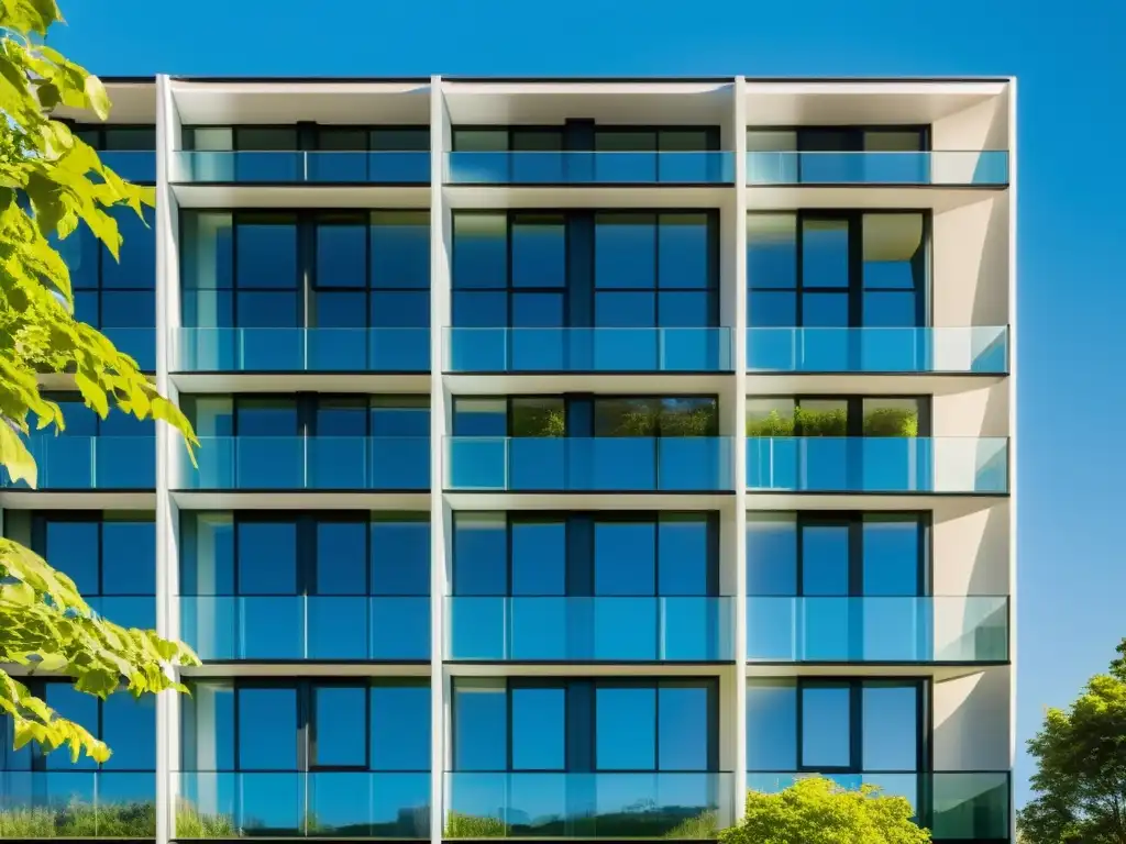 Edificio moderno con paneles solares integrados Un edificio residencial moderno con paneles solares integrados en el vidrio, rodeado de vegetación