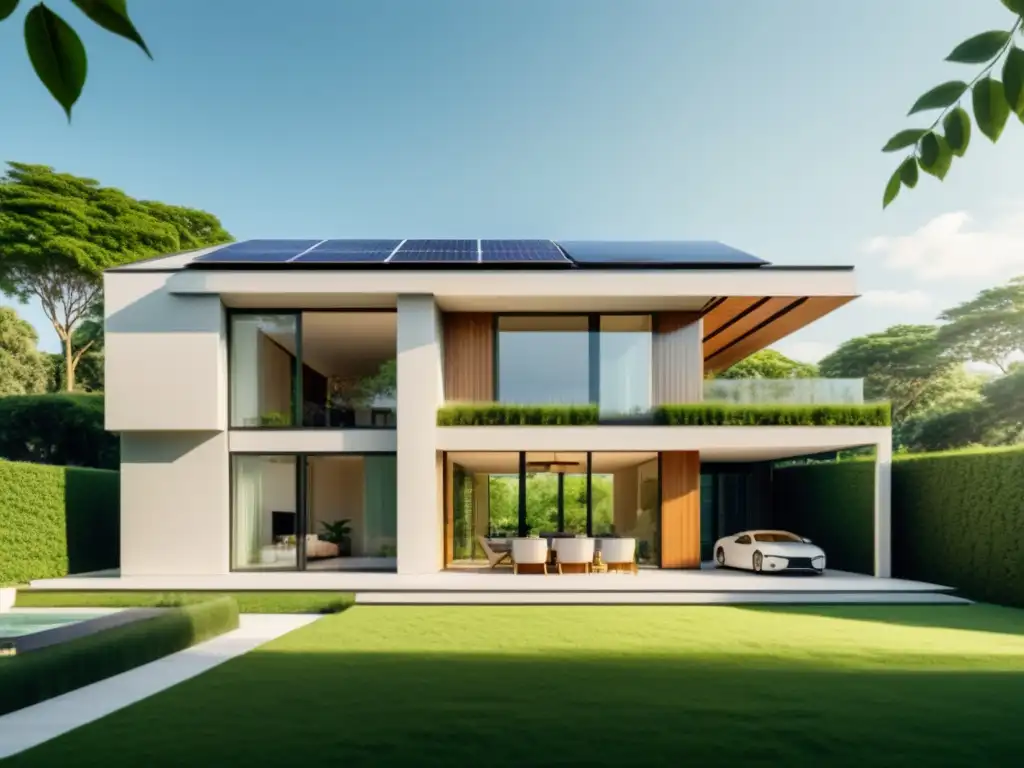 Diseño eco-moderno con paneles solares y vegetación exuberante Edificio residencial moderno con paneles solares integrados, rodeado de vegetación exuberante y bañado por la cálida luz del sol