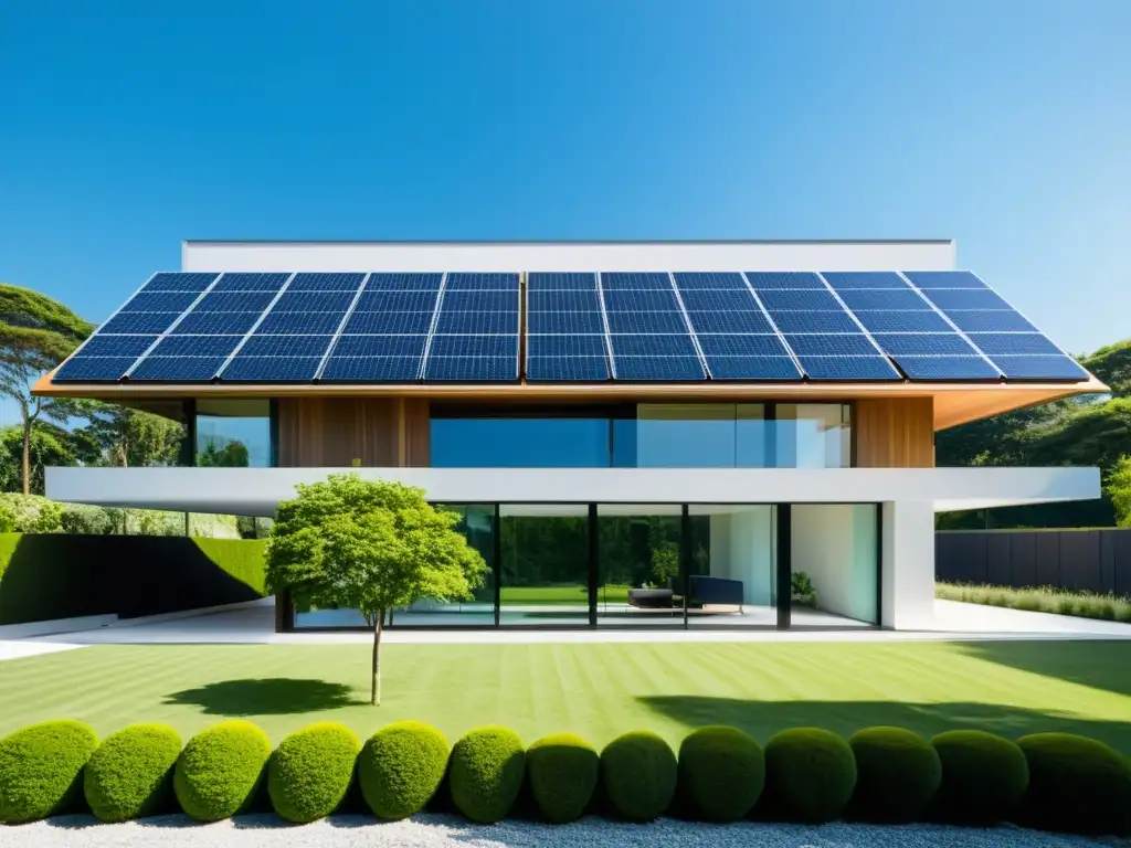 Edificio residencial moderno con paneles solares, cielo azul y paisaje verde