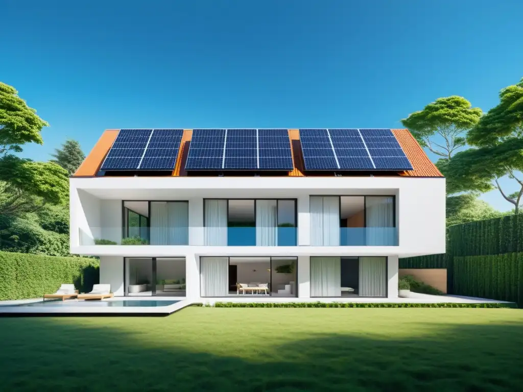 Un edificio residencial moderno con paneles solares integrados y un elegante sistema de almacenamiento de energía limpia, en armonía con la naturaleza y la tecnología