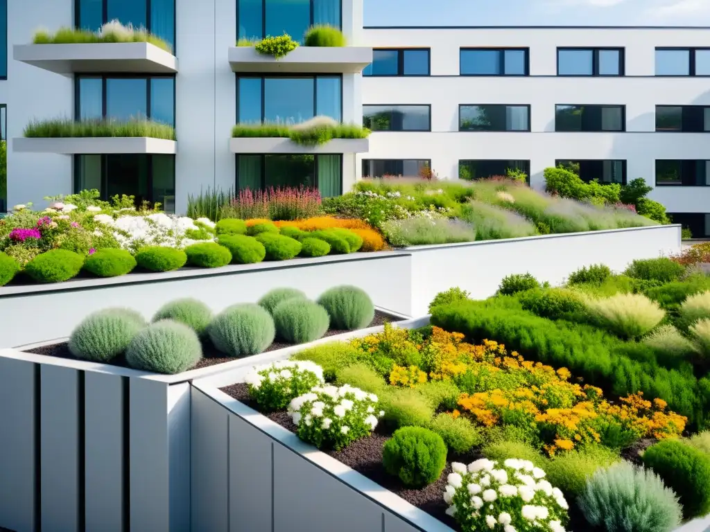 Un edificio residencial moderno con techo verde, rodeado de exuberante jardín