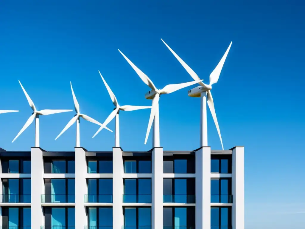 Edificio residencial moderno con turbinas eólicas blancas en el techo, simbolizando la integración de la energía eólica en viviendas modernas