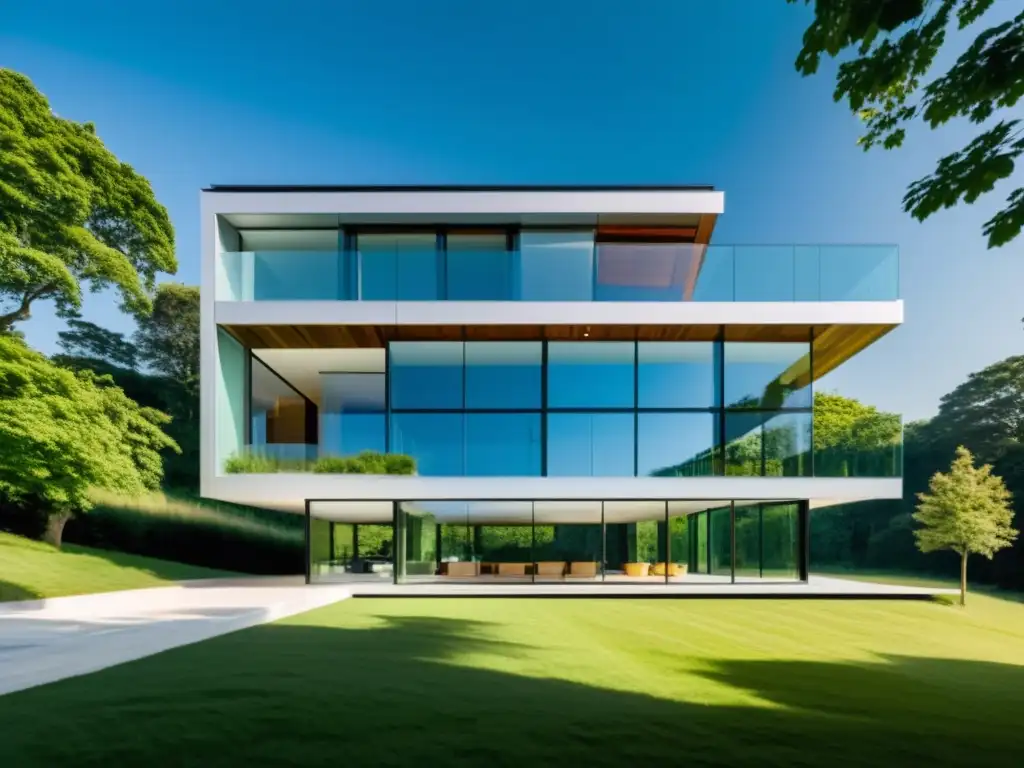 Edificio residencial moderno con cristales fotovoltaicos Edificio residencial moderno con vidrio fotovoltaico, integrando tecnología sostenible y armonía con la naturaleza