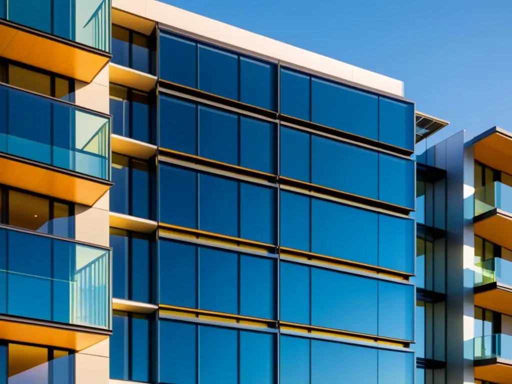 Edificio residencial moderno con paneles solares integrados Edificio residencial moderno con vidrio fotovoltaico integrado que refleja el paisaje, mostrando innovación en aplicaciones del vidrio fotovoltaico
