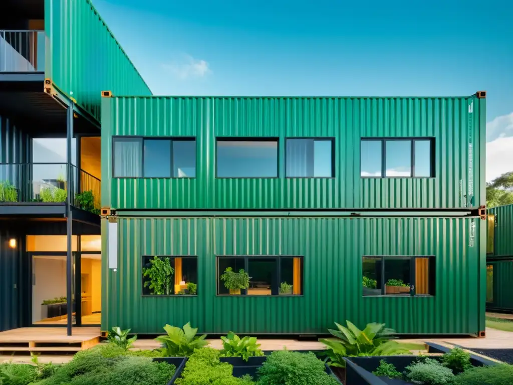 Edificio sostenible de contenedores reciclados en arquitectura moderna, rodeado de vegetación exuberante