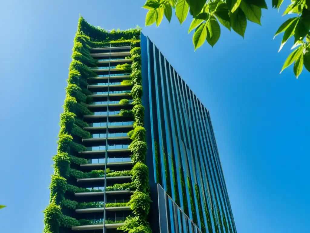 Edificio sostenible cubierto de vegetación, contrastando con el cielo azul