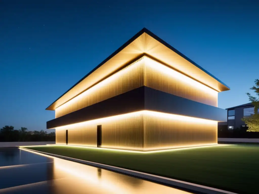 Edificio sostenible iluminado por fibra óptica, destaca su diseño minimalista y ecoamigable con luz y sombra