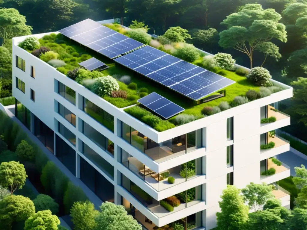 Edificio sostenible con normativas eficiencia energética y diseño armonioso con la naturaleza