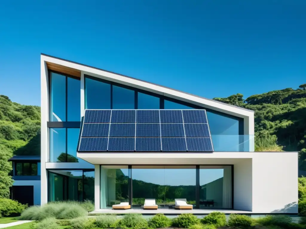 Edificio sostenible con paneles solares y techo verde, rodeado de naturaleza