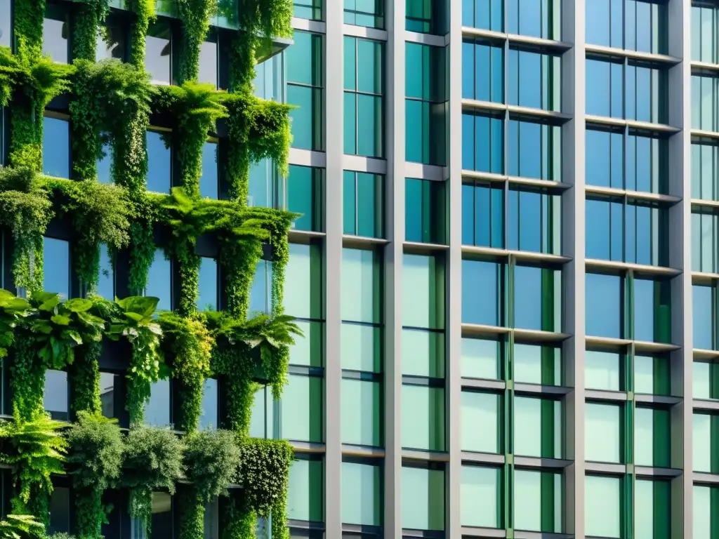 Edificio sostenible con piel vegetal, cascadas verdes contrastan con la fachada de vidrio, resaltando su diseño ecoamigable