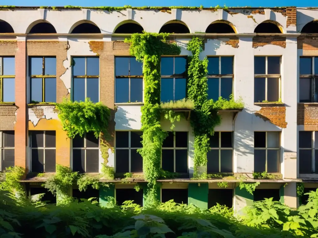 Transformación de edificio urbano abandonado en un espacio verde, inspirando esperanza y renovación