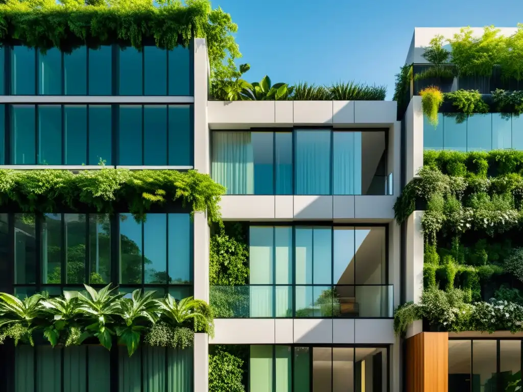 Edificio urbano moderno con integración de vegetación en muros vivos urbanos, armonía entre arquitectura y naturaleza