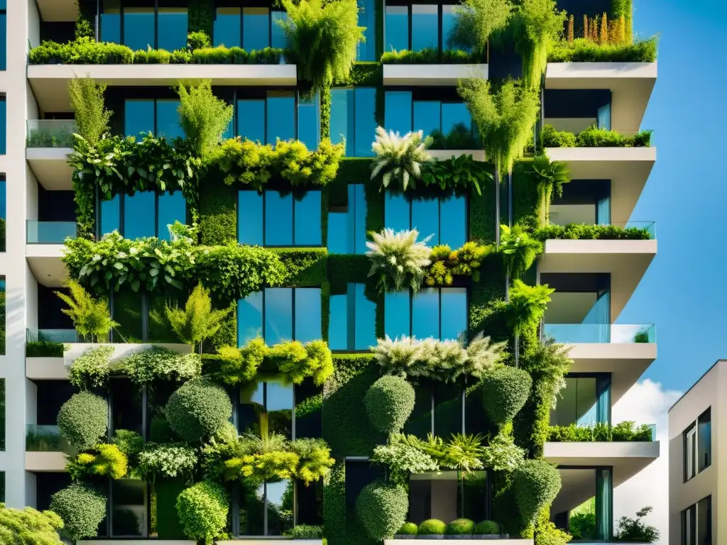 Edificio urbano moderno con integración de vegetación en muros vivos urbanos, un equilibrio armonioso entre naturaleza y diseño urbano