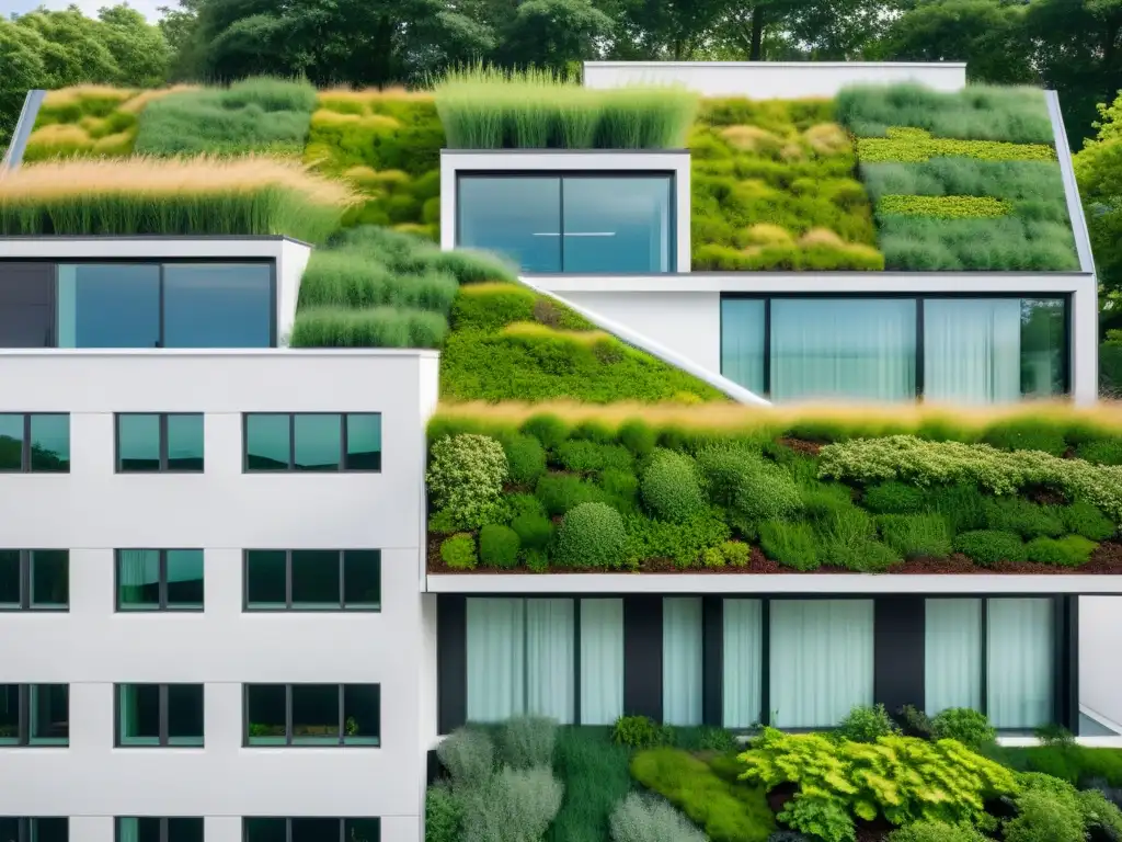 Un edificio urbano moderno con techo verde minimalista, destacando la armonía entre naturaleza y desarrollo urbano