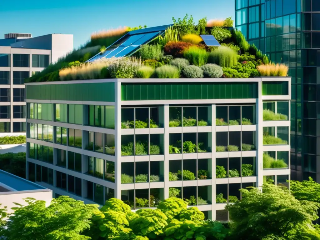 Edificio urbano moderno con jardín verde en el techo, mostrando los beneficios de techos verdes en diseño sostenible