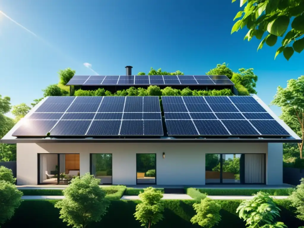 Edificio urbano con paneles solares, rodeado de vegetación