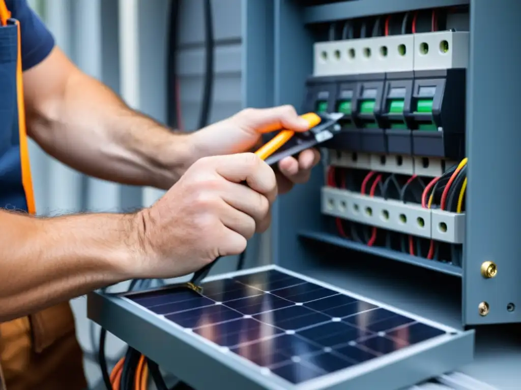 Un electricista conecta con cuidado el sistema de paneles solares al hogar, transmitiendo profesionalismo y seguridad en la instalación